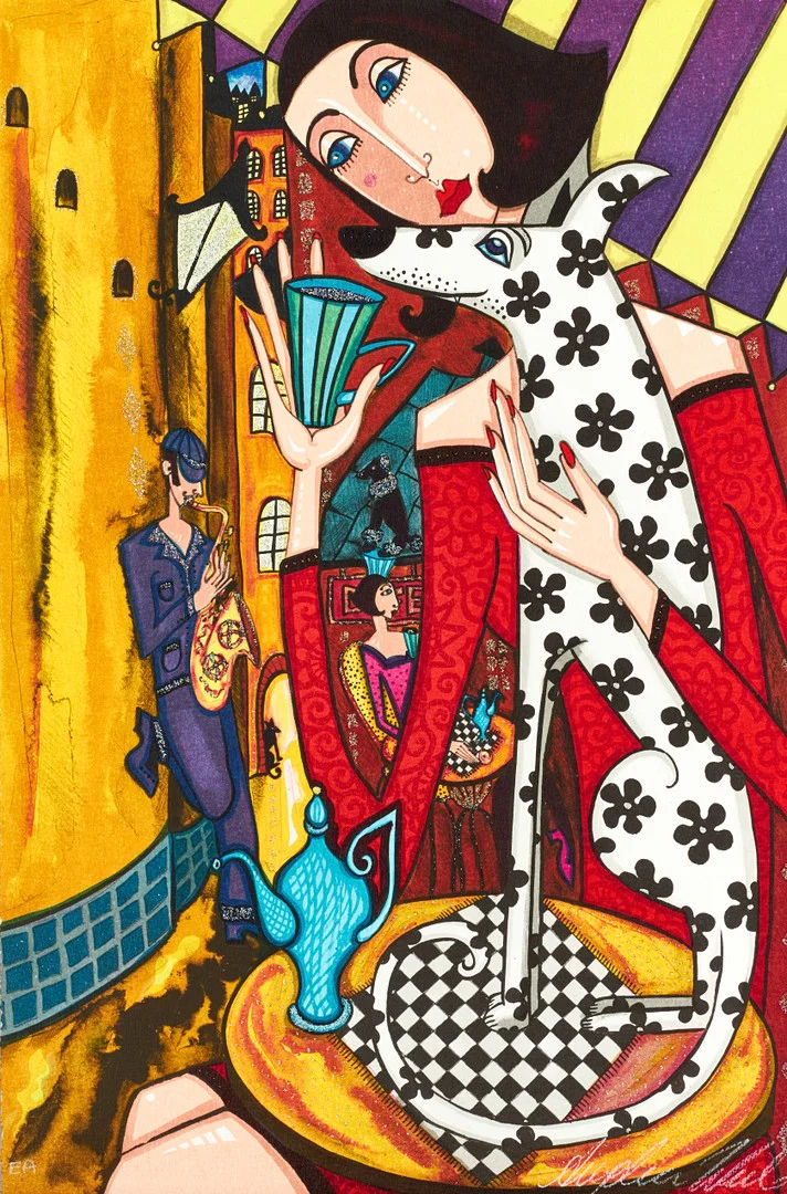 ANGELICA WIIK (Sverige, född 1960), "Kaffepaus", signerad och betecknad ea, färglitografi med glitter. — Engravings & Prints — Crafoord Auktioner Stockholm
