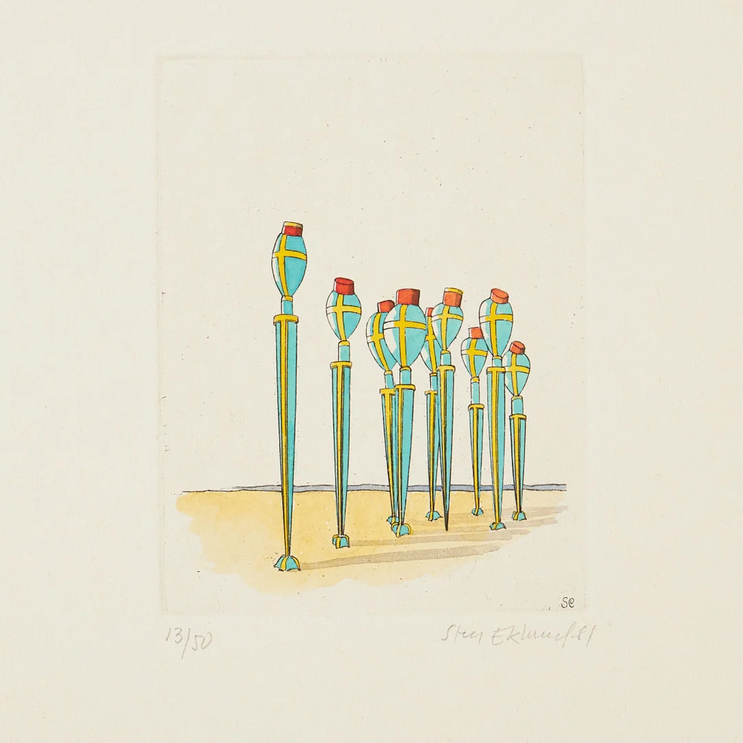 STEN EKLUND (1942-2009). Ur Kullahusets hemligheter, signerad, numrerad 13/50, daterad -81. Handkolorerad etsning. — Engravings & Prints — Stockholms Auktionsverk Magasin 5