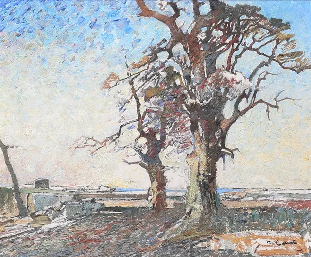 IVAN HOFLUND. Olja på pannå, landskapsmotiv, signerad.