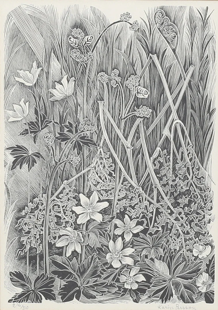 KARIN PERSSON. "Ritardando och Crescendo". Trägravyr, signerad och numrerad 216/310. — Engravings & Prints — Auktionshuset Thelin & Johansson