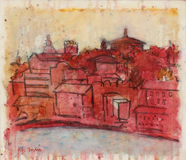 OLLE BERLIN (1932-2021). "Röd stad, Torn", olja på duk, signerad.