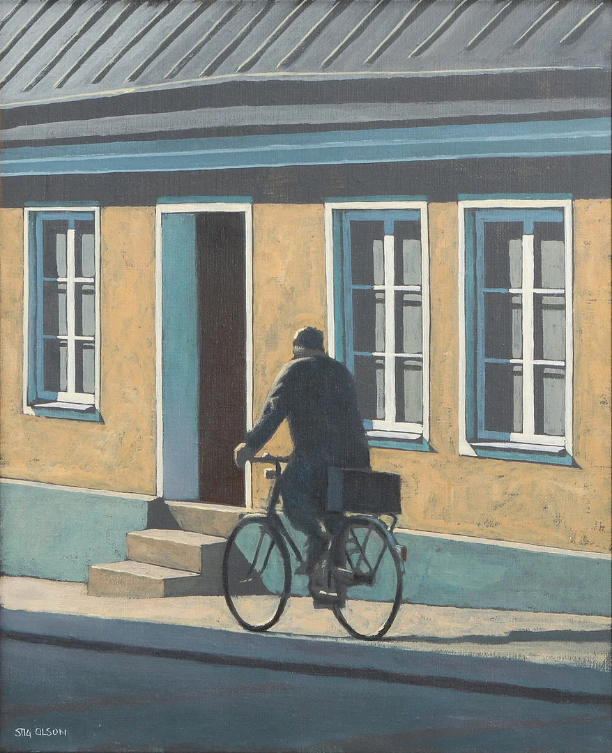 STIG ESPE OLSON. Oljemålning på duk, gatumotiv med man på cykel, signerad. — Paintings — Skånes Auktionsverk