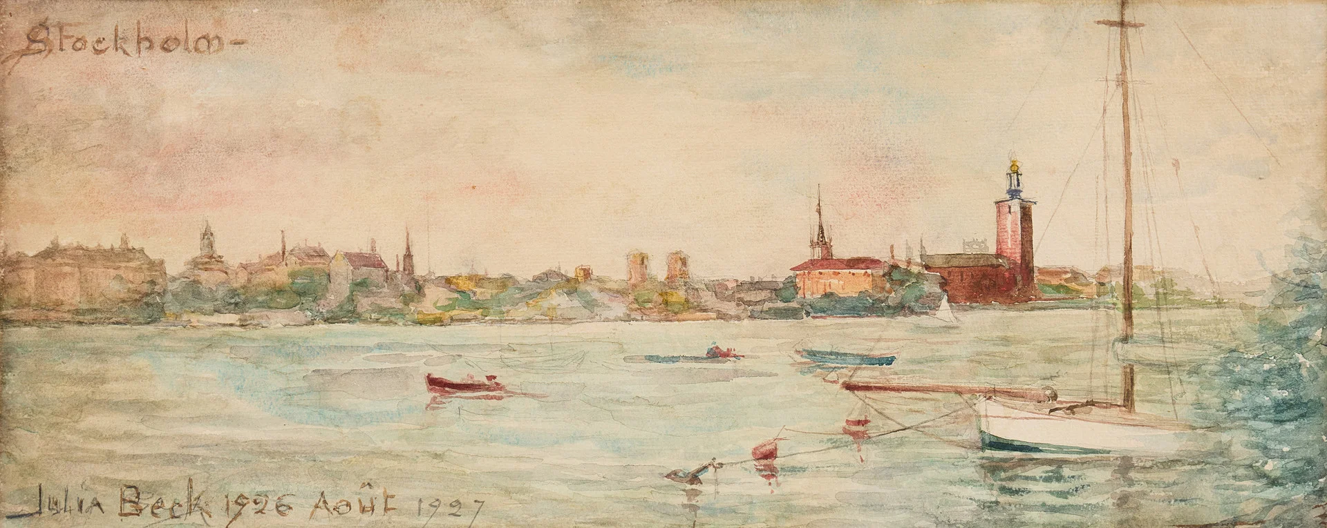JULIA BECK. Utsikt över Stockholm, vy mot Stadshuset. — Paintings — Stockholms Auktionsverk Fine Art
