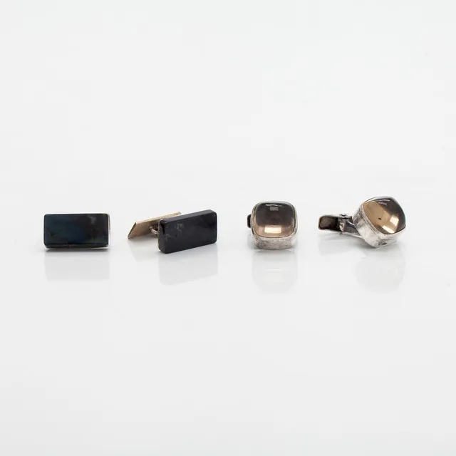 Elis Kauppi, manschettknappar, 2 par, spektrolit, rökkvarts, silver, Kupittaan Kulta, Åbo 1961 - 1963.