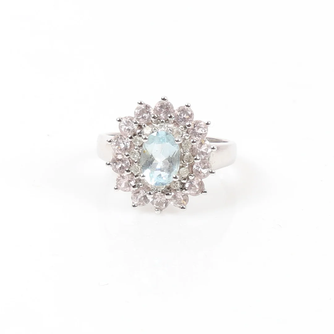 9CT GOLD AQUAMARINE, DIAMOND AND KYANITE CLUSTER RING. — Rings — Bishop & Miller