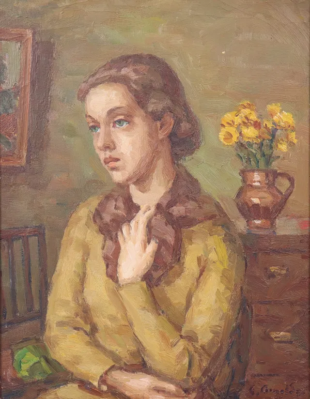 GUSTAF ARNOLDS. olja på duk, porträtt av kvinna.