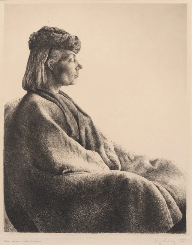 STIG ÅSBERG (1909-1968). "Dam med pälsmössa", etsning, signerad och daterad 1939.