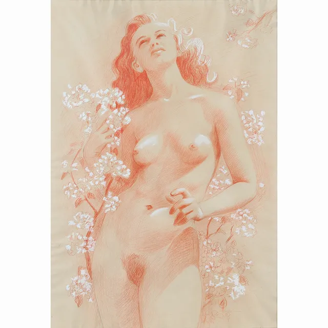 AAGE VONSILD (1916–1997). Nøgenstudie med kvinde med blomster, pastel på papir, 1950'erne.