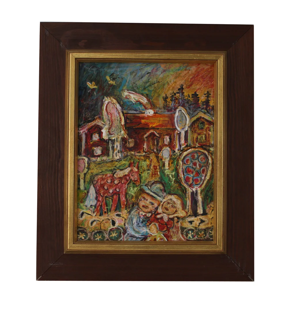 HANS ÅNGSÄTER. Blandteknik på pannå. "guldbröllop", signerad. — Paintings — Göteborgs Auktionsverk