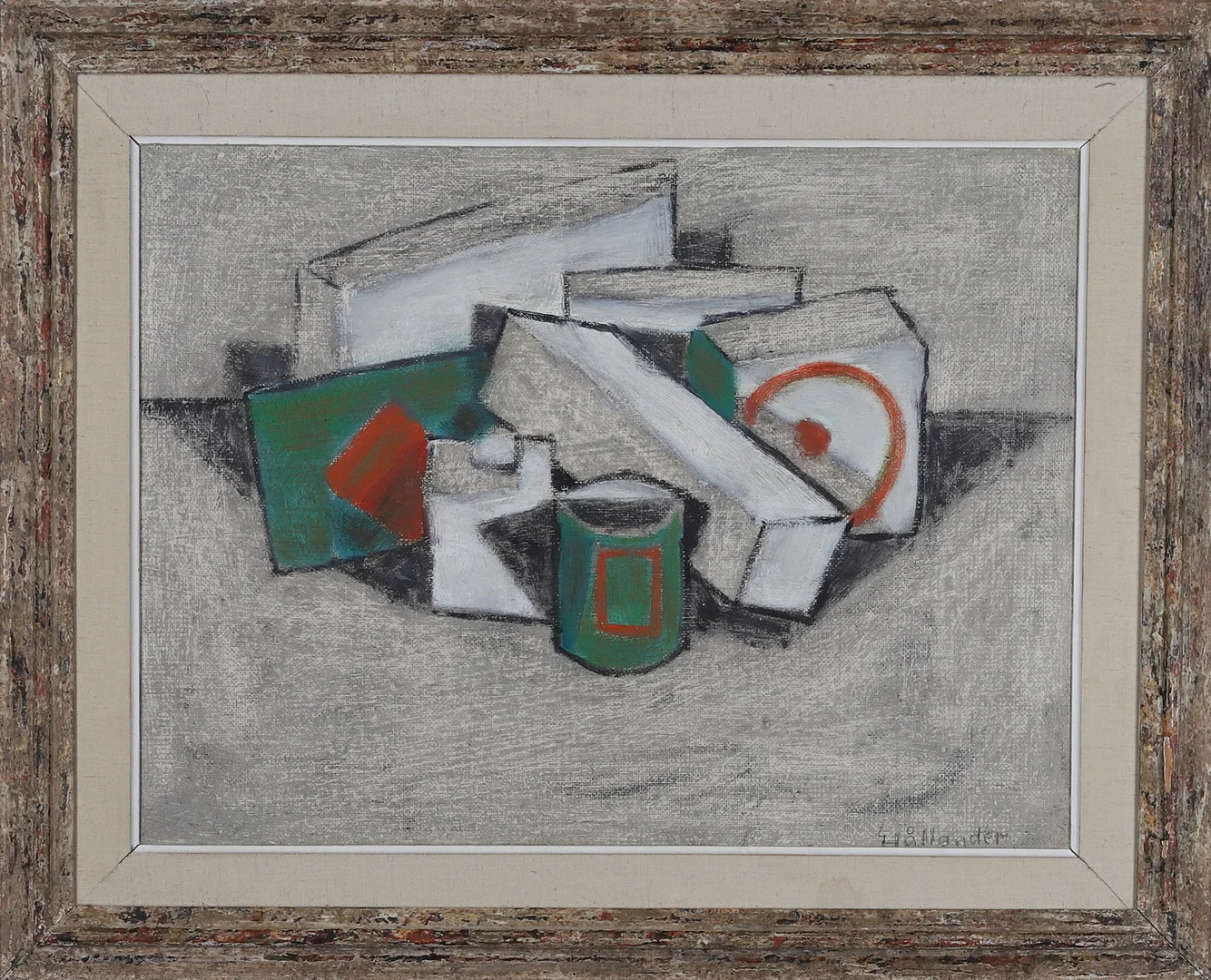 GUNNAR HÅLLANDER. Olja på pannå, " Gröna och vita föremål", stilleben, Örnsköldsvik, 1964, signerad. — Paintings — Gomér & Andersson Norrköping