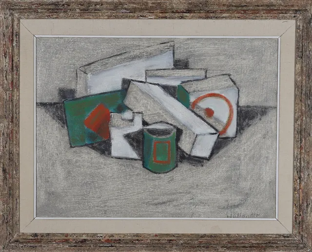 GUNNAR HÅLLANDER. Olja på pannå, " Gröna och vita föremål", stilleben, Örnsköldsvik, 1964, signerad.