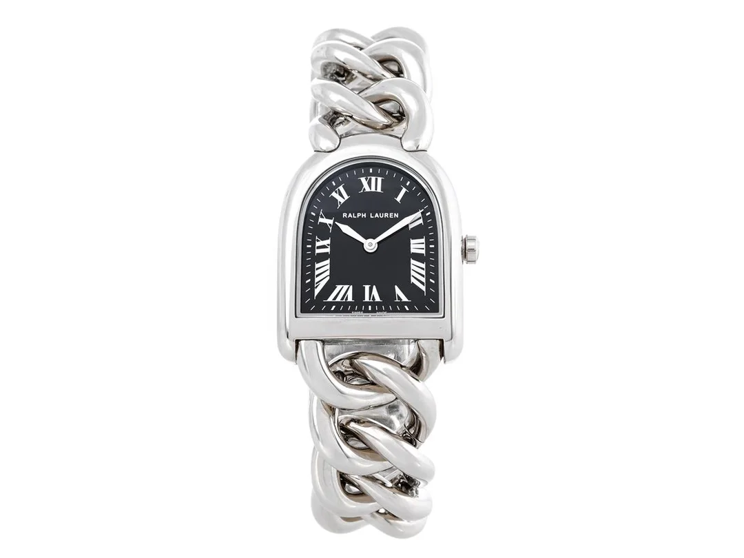 RALPH LAUREN, Stirrup Petit Link, Serie nr. WAGH04559, Boett nr. K00400, damur, 23 mm, stål, quartz, safirglas, integrerad originallänk, längd 175 mm, ca 2020. — Klockor/Ralph Lauren — Kaplans