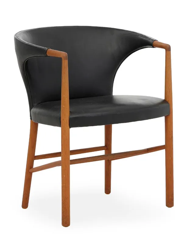 Armchair with teak frame. Seat, back and armrests upholstered with black leather. Model B 48. Designed 1950. Manufactured by Christensen & Larsen.