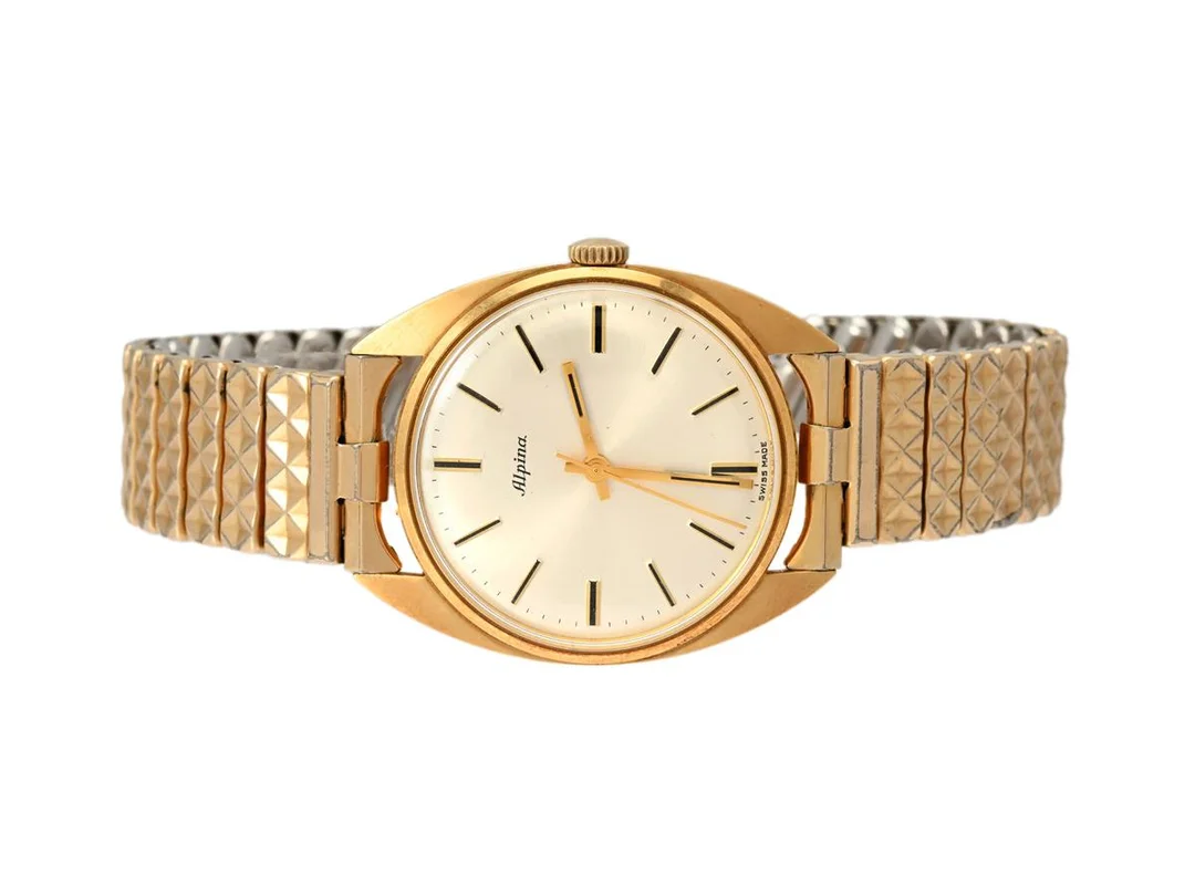 ALPINA, herrur, 33 mm, Cal AS 1880, 18K guld, manuell, plexigas, gravyr, ca 1970, metallänk ej original. — Klockor/Alpina — Kaplans