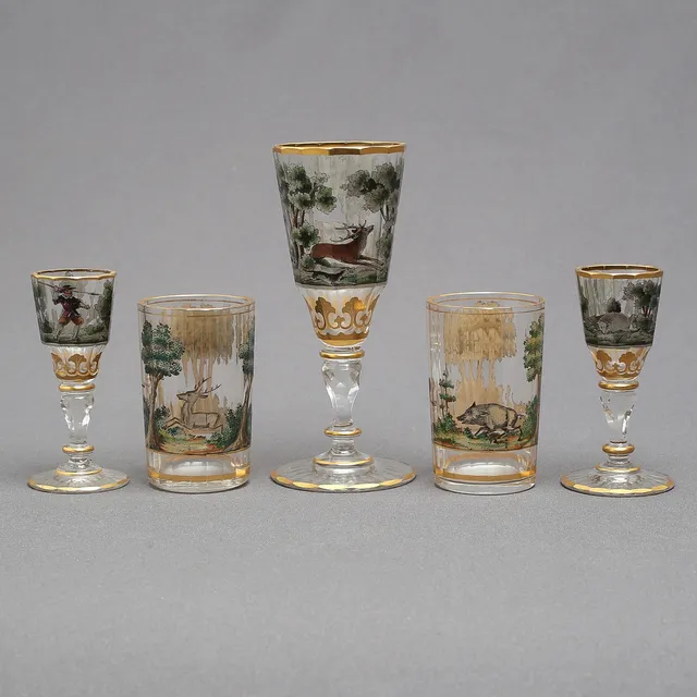 GLAS, 5 delar, jaktscener, troligen Böhmen, 1800-/1900-tal.