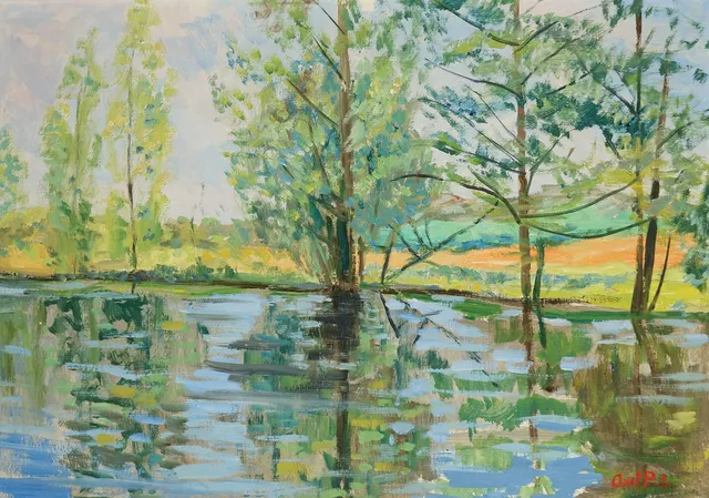 AXEL P. JENSEN (1885-1972). Landskabsmotiv med sø, olie på lærred, signeret.