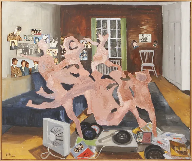 GÖSTA PETTERSSON. "Beatles o Rolling Stones fans", olja på duk med collage, signerad.