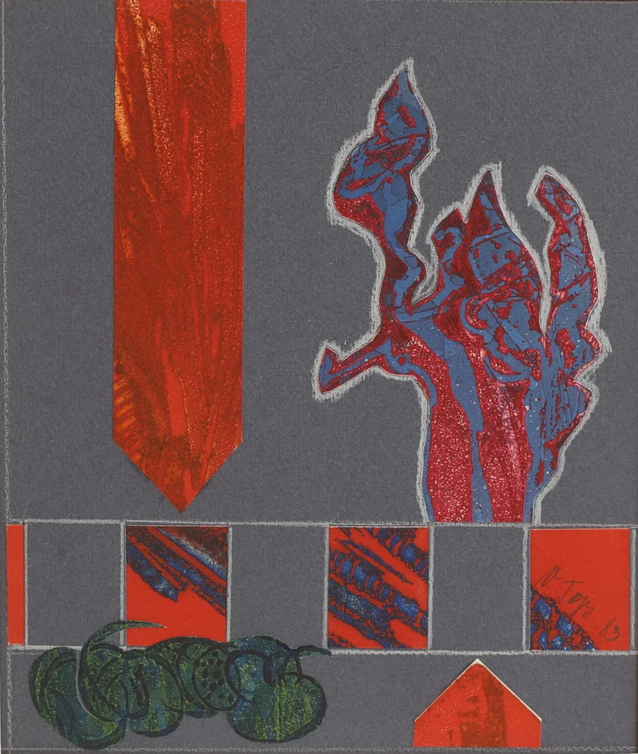 VILLE TOPS. Blandteknik/collage, signerad och daterad -83. — Paintings — RA Auktionsverket Norrköping