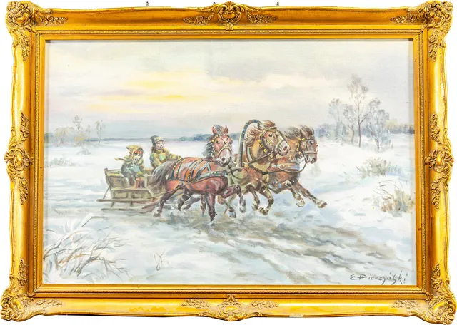 EDWARD PIERZYNSKI. Hästar i vinterlandskap, olja på duk, signerad E. Pierzynski.