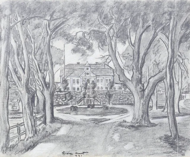 GEORG HULT. Fredriksbergs herrgård. Krita/pastell, signerad och daterad 1941.