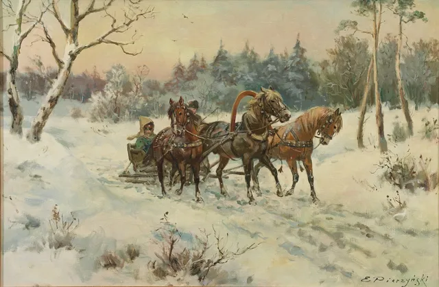 EDWARD PIERZYNSKI. Slädfärd med hästar, olja på duk, signerad.