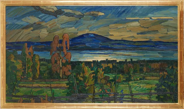 ANDERS HOL (1867-1959): Landskap över Siljan, oljemålning på duk, signerad And. Hol Mora, samt otydligt 32.