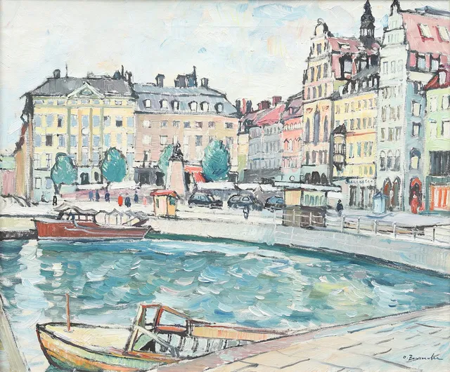 OLOF BENANDER. Kornhamnstorg, Stockholm, olja på duk, möjligen signerad O. Benander.