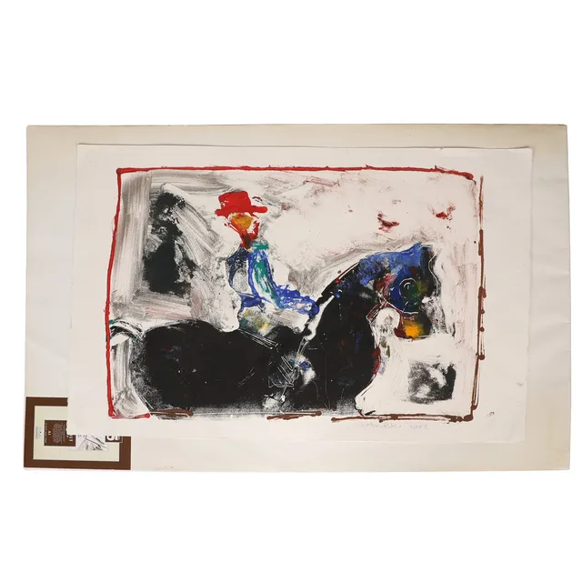 JOHN KIKI (BRITISH, BORN 1943) FIGURE ON HORSEBACK WEARING A RED HAT.