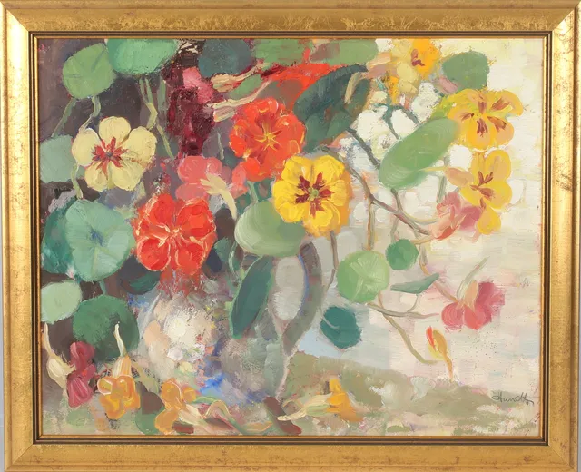 WILHELM HUNDT. Blomsterstilleben, olja på pannå, signerad.