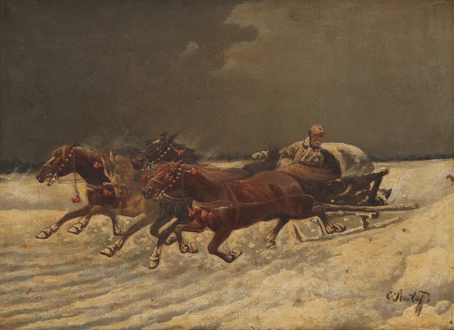 CONSTANTIN STOILOFF. olja på duk, hästekipage, signerad C Stoiloff.