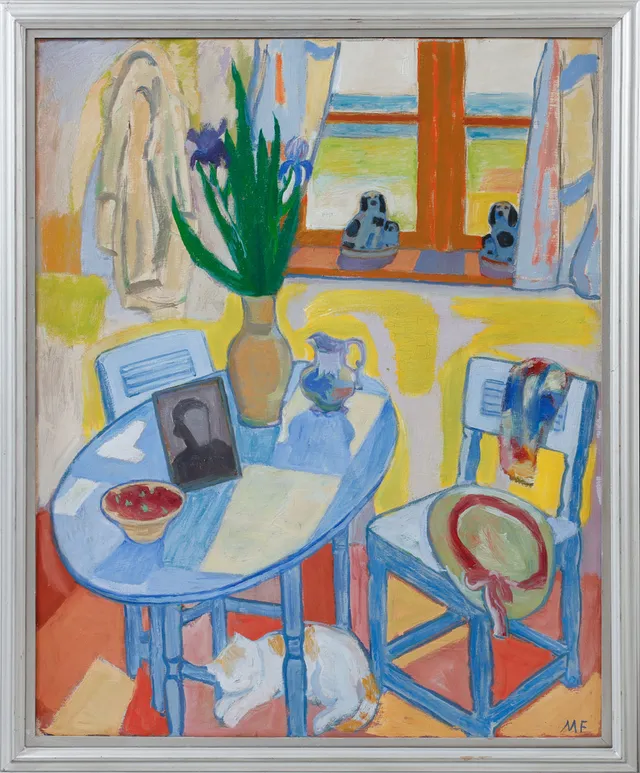 MOLLIE FAUSTMAN. "Sommarrum med katt" olja på duk, signerad.