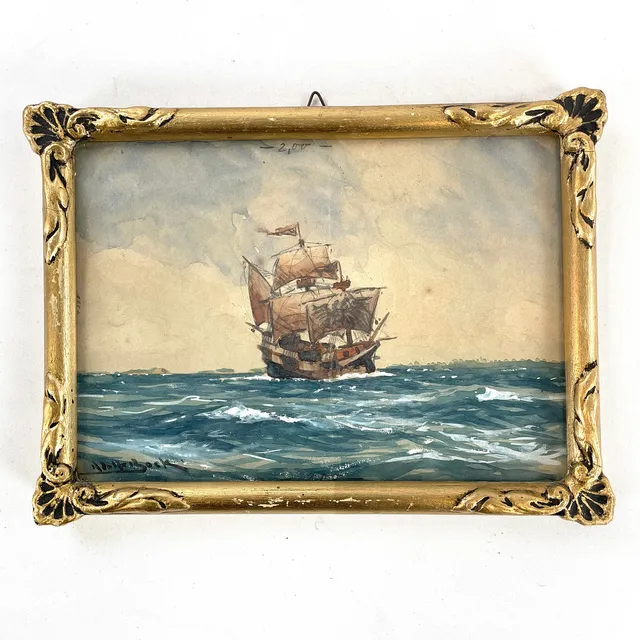 ADOLF BOCK. Blandteknik, motiv av segelskepp på havet, signerad.