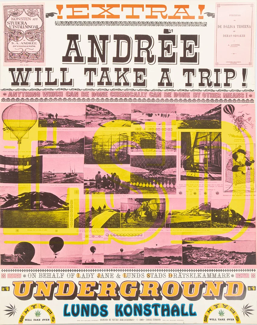 STURE JOHANNESSON. Offset. "Andrée will take a trip!", utgiven av Legal Visions, Malmö. Tryckt hos Permild&Rosengren 1969. — Engravings & Prints — Stockholms Auktionsverk Helsingborg