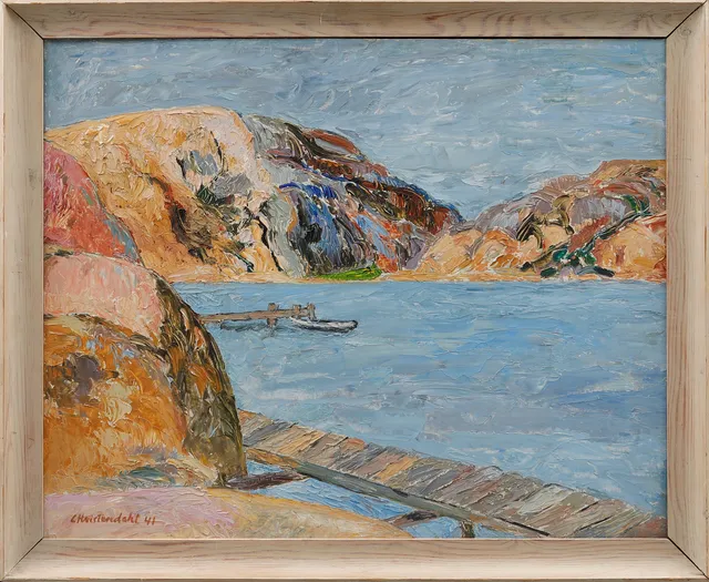 CARSTEN HVISTENDAHL. "Landskap, Bohuslän". Olja på pannå, signerad och daterad 41.