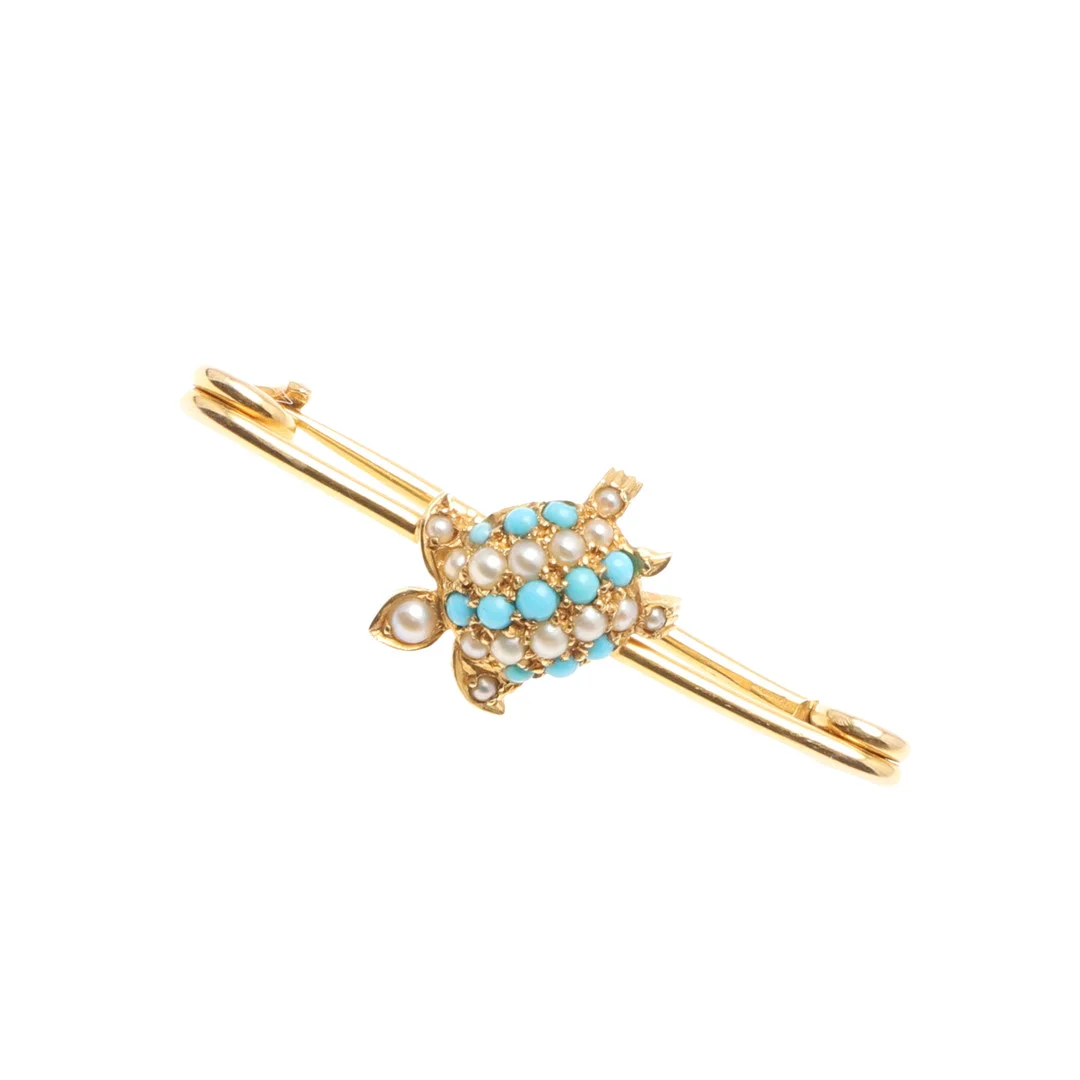 AN EARLY 20TH CENTURY GOLD, TURQUOISE AND PEARL TURTLE BROOCH. — Brooches & Pendants — Lawrences Auctioneers