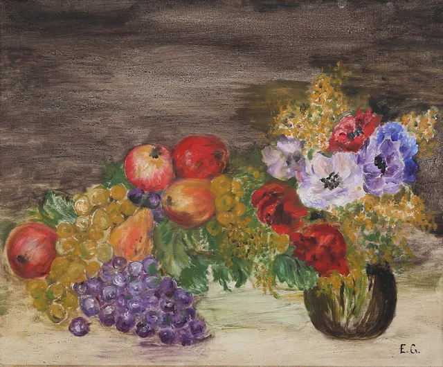OIDENTIFIERAD KONSTNÄR. Stilleben med frukt och blommor. Olja på duk, signerad E. G.