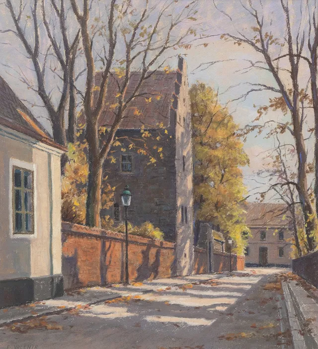 EDUARD VALENTA (1908-1974). Adelgatan, Lund, oljepastell, signerad.