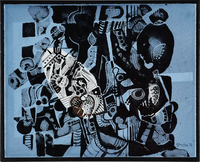 STIG GHYLFE (Hudiksvall 1925-2000 Glanshammar) ”Maskinist”, 1971, signerad och daterad Ghylfe, -71, emaljmålning fäst på målad träplatta.