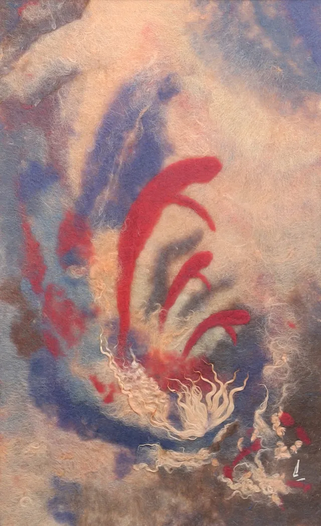 LISA JOHANSSON. "Sagan om solen ...". Ullmosaik, monogramsignerad.