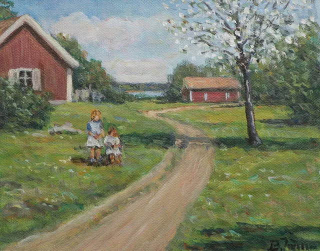 BROR JÖNSSON. Olja på duk, gårdsexteriör med barn, signerad.