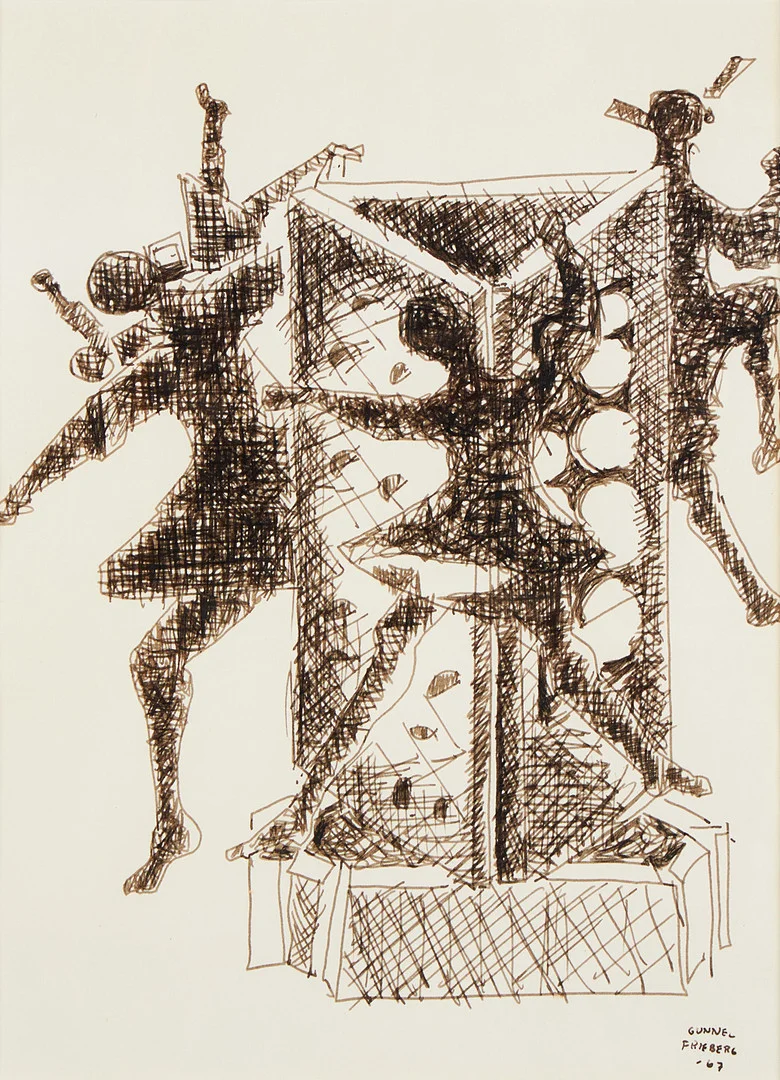 GUNNEL FRIEBERG (Malmö 1919-2010 Skarpnäck) "Karusell", signerad och daterad -67, skiss till skulptur, tusch. — Paintings — Crafoord Auktioner Stockholm