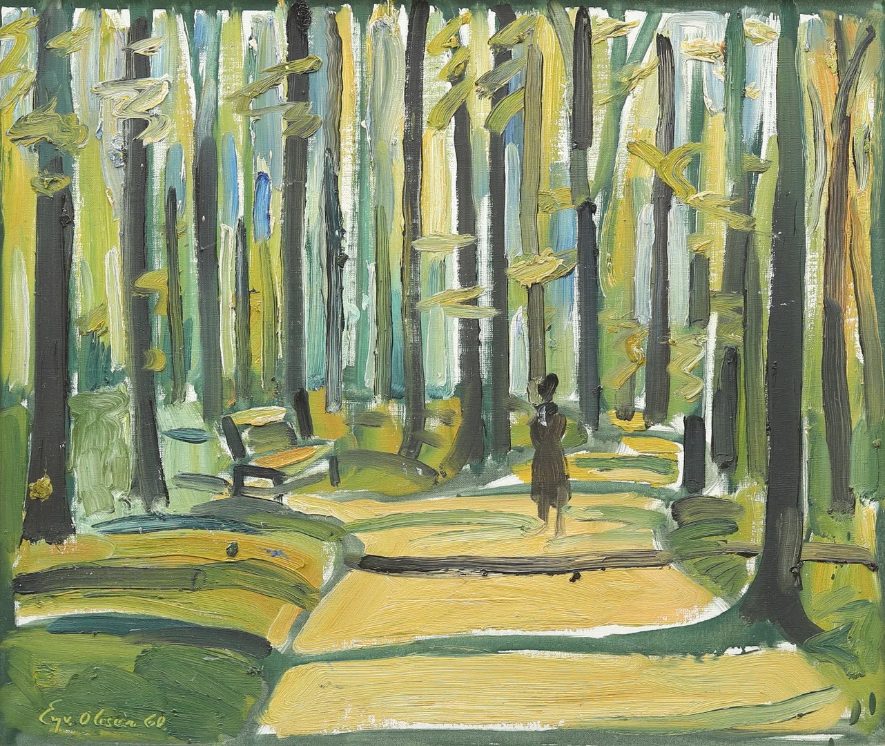 EYVIND OLESEN (1907-1995). Kvinna i park, olja på duk, signerad och daterad -60. — Paintings — Garpenhus Auktioner
