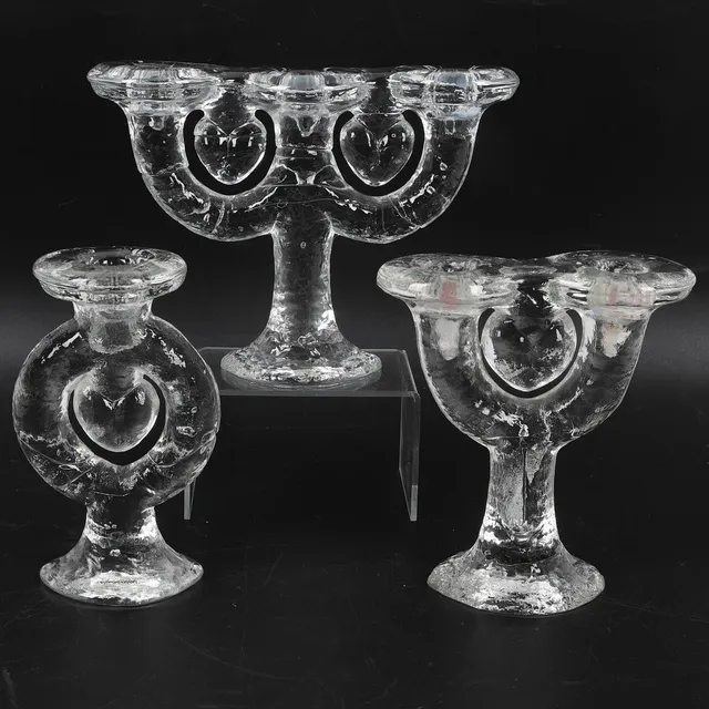 STAFFAN GELLERSTEDT. Ljusstakar, 3 st, glas, Pukebergs glasbruk, 1900-tal.