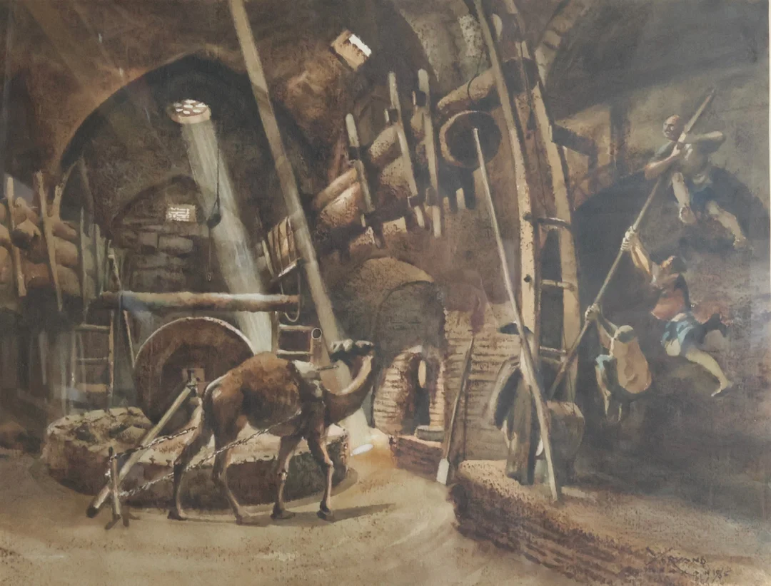 YERVAND NAHAPETIAN (F. JOLFA, ISFAHAN 1916, D. 2006). Scene fra værksted med kamel fra Isfahan. Signeret Yervand, Isfahan 1965. Akvarel på papir. — Paintings — Woxholt Auktionshus
