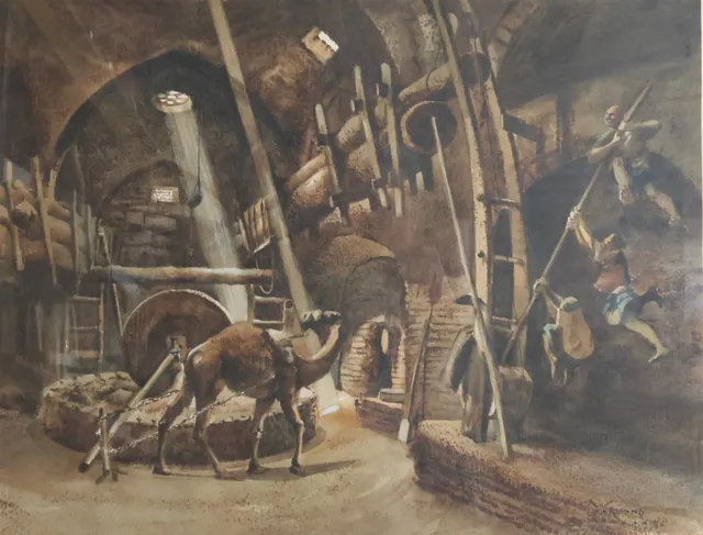YERVAND NAHAPETIAN (F. JOLFA, ISFAHAN 1916, D. 2006). Scene fra værksted med kamel fra Isfahan. Signeret Yervand, Isfahan 1965. Akvarel på papir.