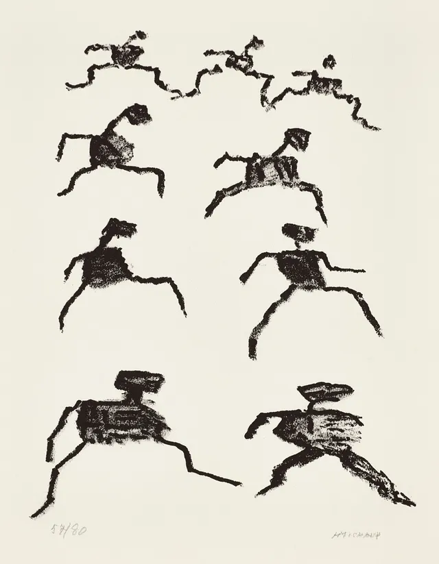 HENRI MICHAUX (BELGIEN, 1899-1984). "Par la voie des rythmes", 1974, signerad och numrerad H Michaux 57/80, Fata Morgana, Montpellier, litografi.