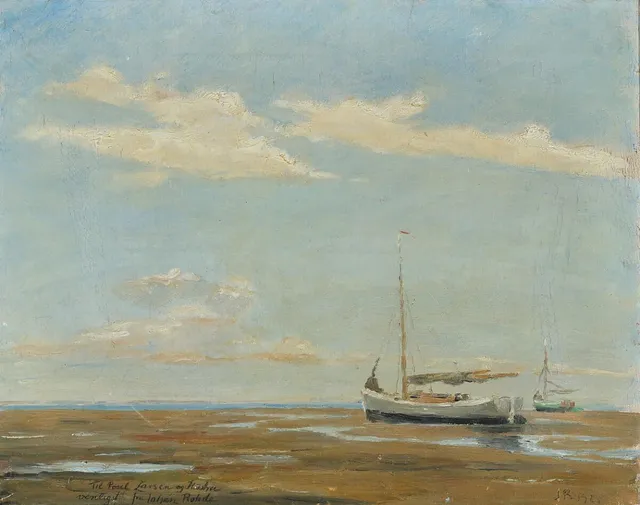 Beach scape with sailing boats at low tide, Fanø Island. Double signed and dated J. R. 1925 and with dedication “Til Poul Larsen og Hustru. Venligst fra Johan Rohde” (To Poul Larsen and wife. Best wishes Johan Rohde). Inscribed on the reverse of the fram "Bryllupsgave fra Johan Rohde 23/6–1926 (Wedding gift from Johan Rohde 23/6–1926). Oil on canvas. 30.5×37 cm.