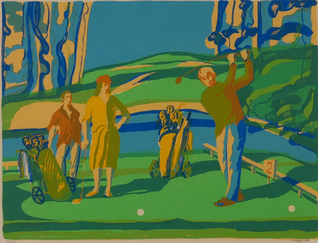 IVAR MORSING. Golfspelare, färglitografi, signerad I Morsing. — Engravings & Prints — Auktionsfirma Kenneth Svensson i Kalmar