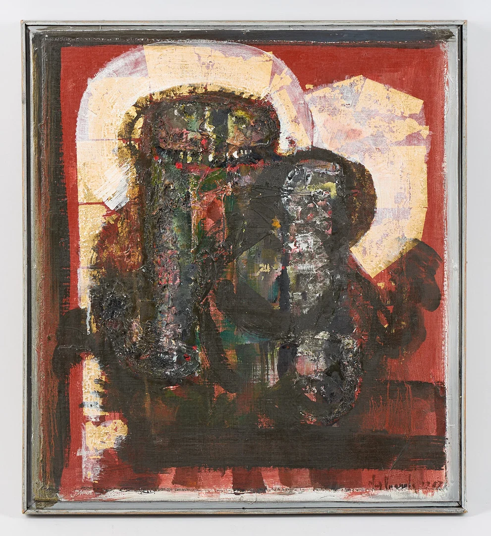 OLAVI VAARULA. "Två personer", signerad samt daterad 1967, blandteknik på duk, uppfodrad på pannå. — Paintings — Stockholms Auktionsverk Helsinki