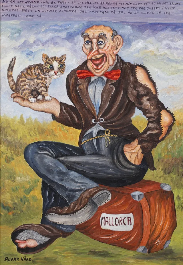 ALVAR HÅRD. Man och katt, olja på duk, signerad.